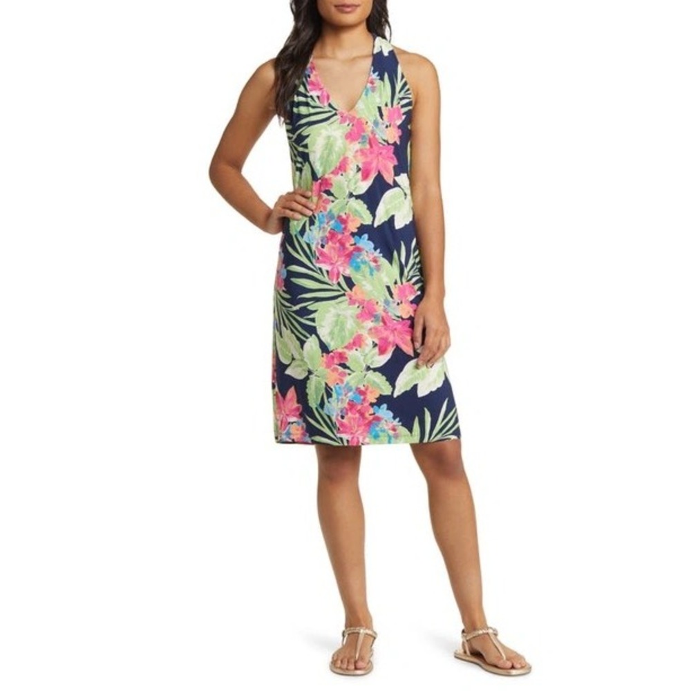 Tommy Bahama Enchanted Bay Tropical Sleeveless Floral Navy Dress Size Medium